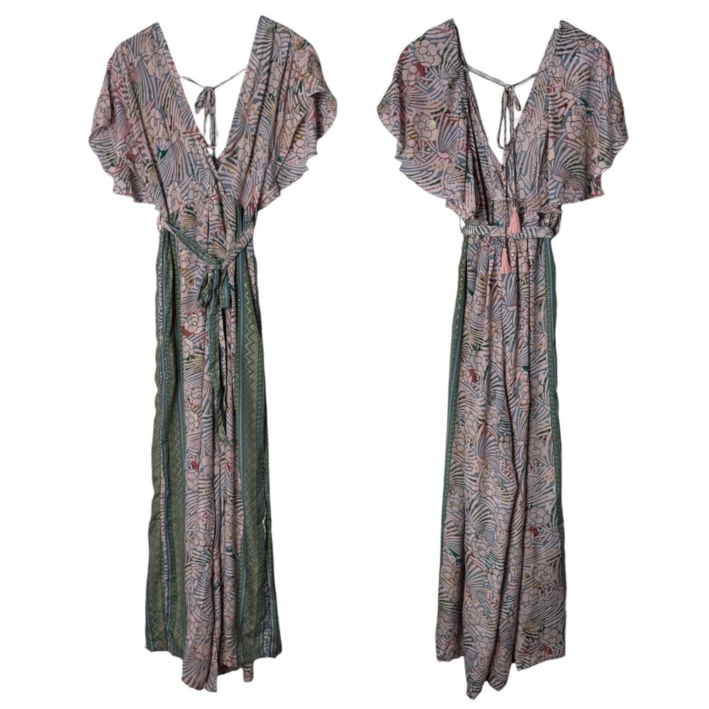 White Waves Pink Floral Print Flowy Jumpsuit Flutter Sleeve One Piece Womens S M